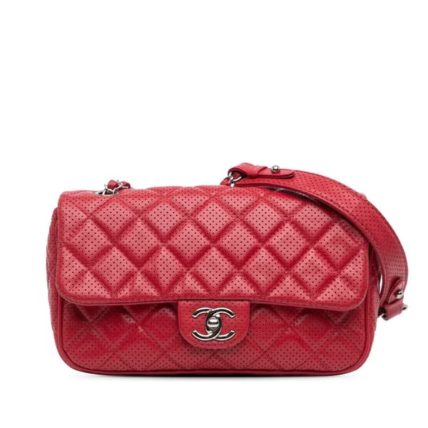 Pre-owned Chanel Medium Perforated Lambskin Punch Flap Red