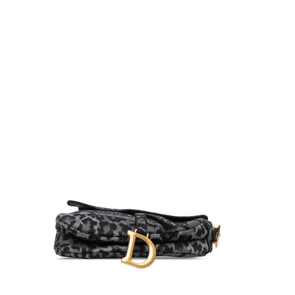 Pre-owned Dior Mizza Embroidered Canvas Leopard Saddle Bag Gray