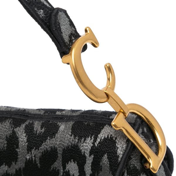 Pre-owned Dior Mizza Embroidered Canvas Leopard Saddle Bag Gray
