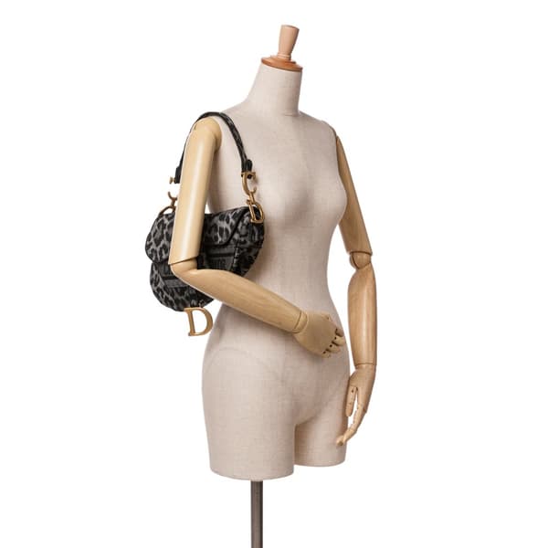 Pre-owned Dior Mizza Embroidered Canvas Leopard Saddle Bag Gray