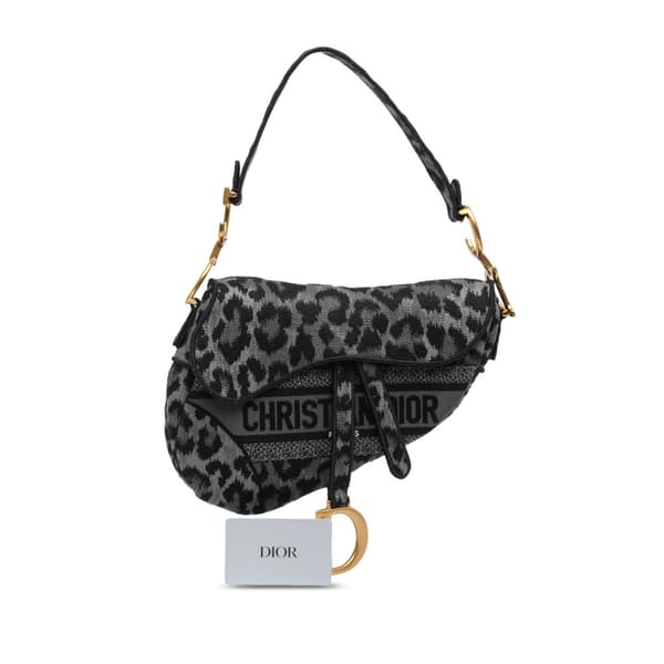 Pre-owned Dior Mizza Embroidered Canvas Leopard Saddle Bag Gray