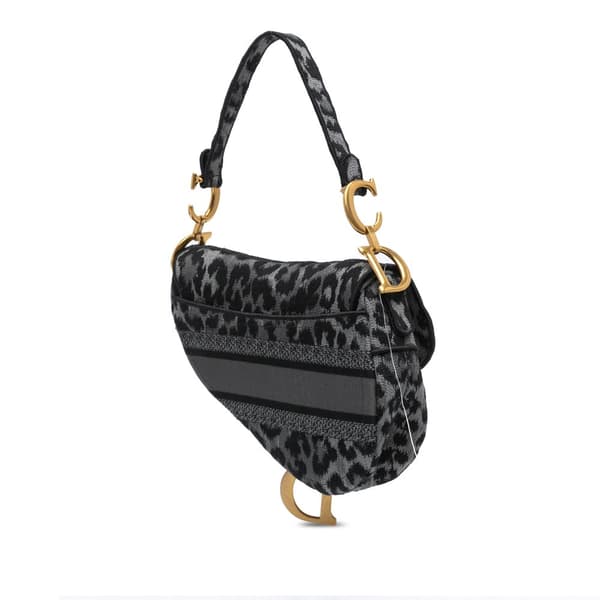 Pre-owned Dior Mizza Embroidered Canvas Leopard Saddle Bag Gray
