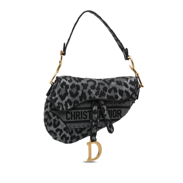 Pre-owned Dior Mizza Embroidered Canvas Leopard Saddle Bag Gray