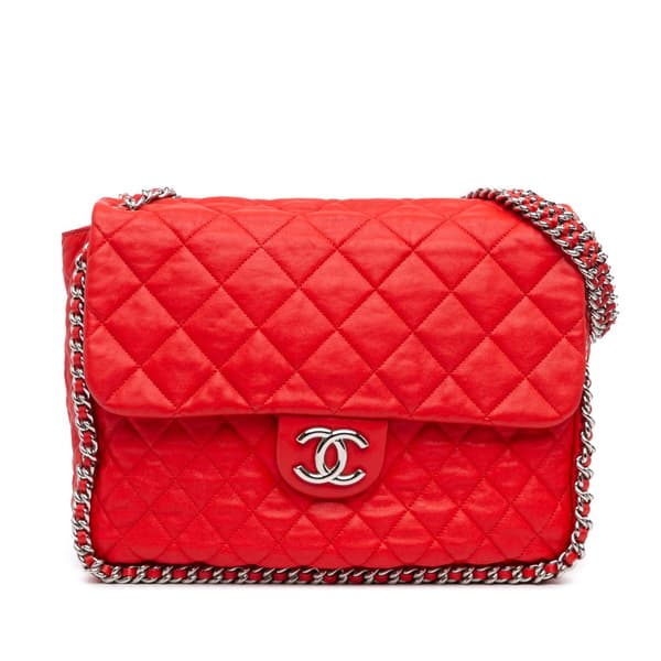 Pre-owned Chanel Maxi Washed Lambskin Chain Around Flap Red