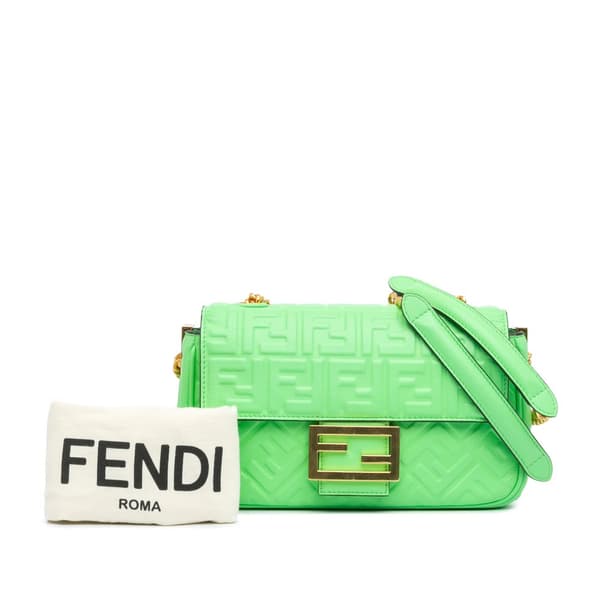 Pre-owned Fendi Zucca Embossed Leather Chain Midi Baguette Green