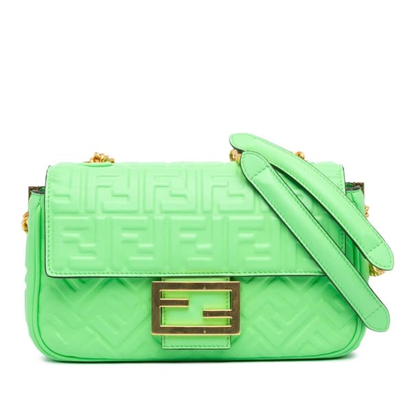 Pre-owned Fendi Zucca Embossed Leather Chain Midi Baguette Green