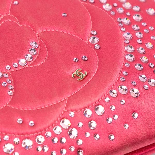Pre-owned Chanel Satin Diamante Camellia Clutch with Chain Pink
