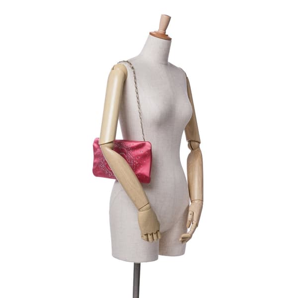 Pre-owned Chanel Satin Diamante Camellia Clutch with Chain Pink