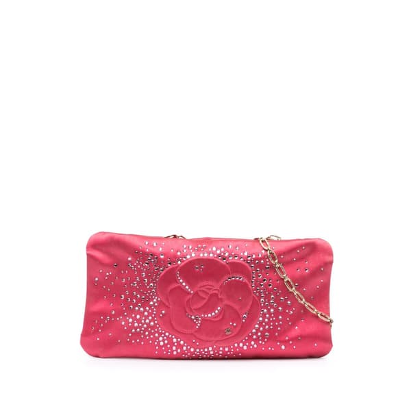 Pre-owned Chanel Satin Diamante Camellia Clutch with Chain Pink