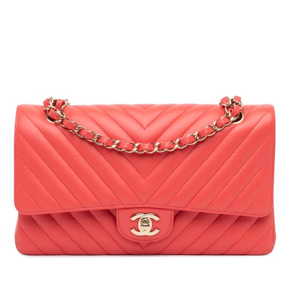 Pre-owned Chanel Medium Classic Chevron Lambskin Double Flap Red