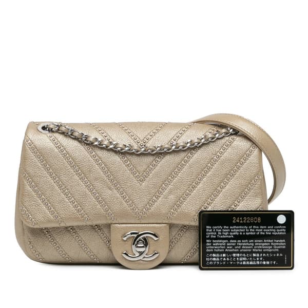 Pre-owned Chanel Small Chevron Calfskin Studded Flap Gold