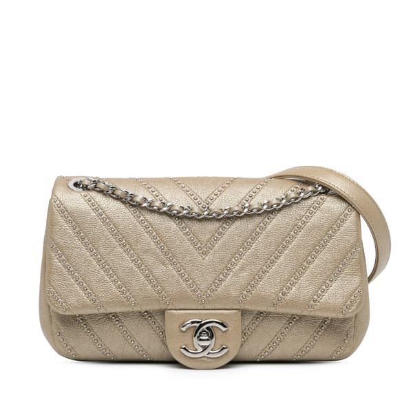 Pre-owned Chanel Small Chevron Calfskin Studded Flap Gold