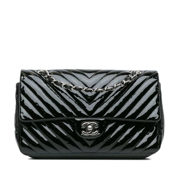 Pre-owned Chanel Medium Classic Chevron Patent Double Flap Black