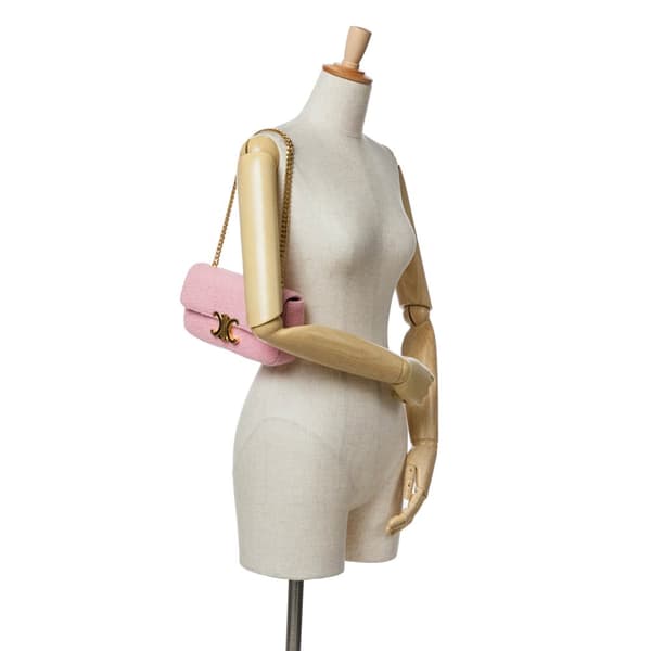 Pre-owned Celine Triomphe Tweed Claude Chain Shoulder Bag Pink