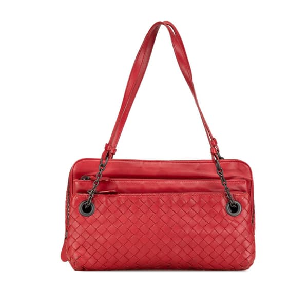 Pre-owned Bottega Veneta Intrecciato Triple Zip Shoulder Bag Red