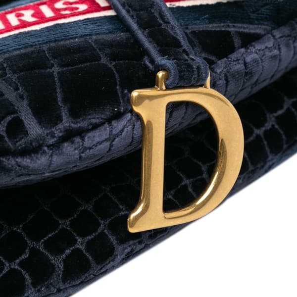 Pre-owned Dior Velvet Crocodile Effect Embroidered Saddle Bag Blue