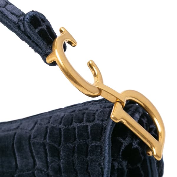 Pre-owned Dior Velvet Crocodile Effect Embroidered Saddle Bag Blue