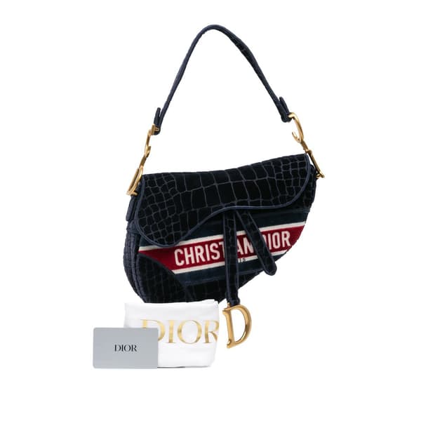 Pre-owned Dior Velvet Crocodile Effect Embroidered Saddle Bag Blue