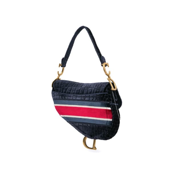 Pre-owned Dior Velvet Crocodile Effect Embroidered Saddle Bag Blue