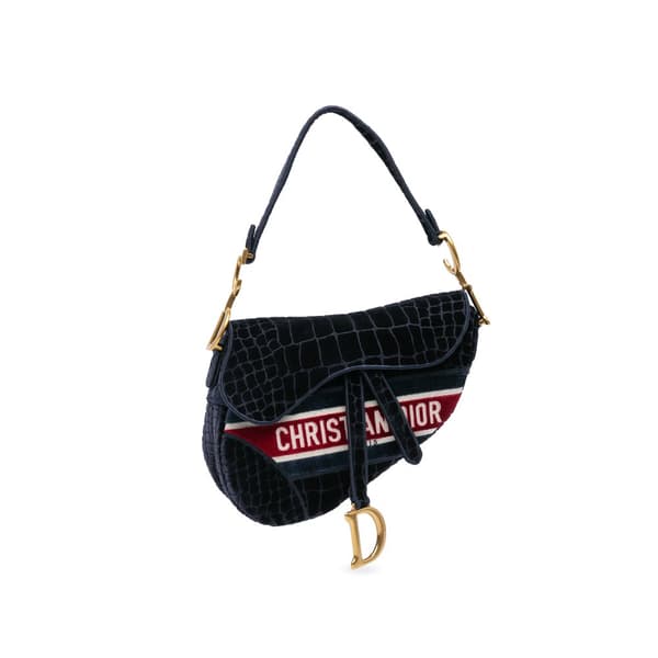 Pre-owned Dior Velvet Crocodile Effect Embroidered Saddle Bag Blue