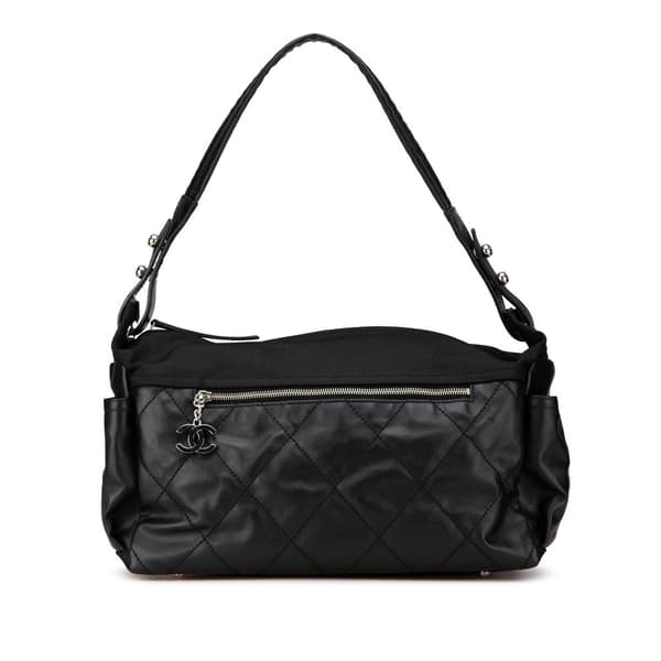 Pre-owned Chanel Paris Biarritz Quilted Coated Canvas Shoulder Bag Black