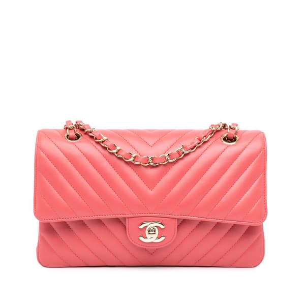 Pre-owned Chanel Medium Classic Chevron Lambskin Double Flap Pink