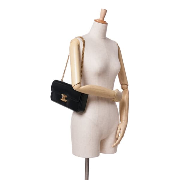Pre-owned Celine Triomphe Calfskin Cuir Chain Shoulder Bag Black