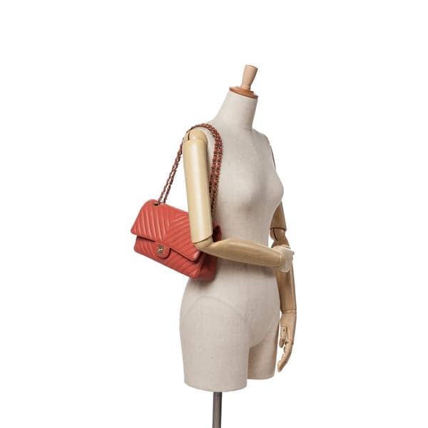 Pre-owned Chanel Medium Classic Chevron Lambskin Double Flap Orange