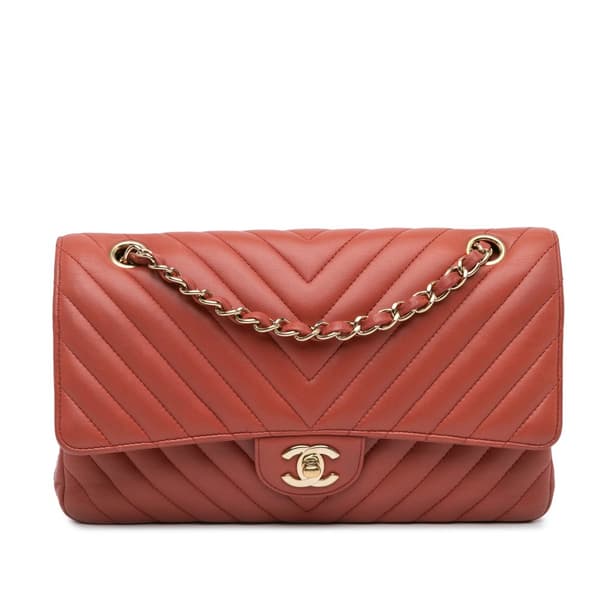 Pre-owned Chanel Medium Classic Chevron Lambskin Double Flap Orange