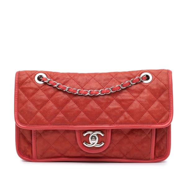 Pre-owned Chanel Medium Caviar French Riviera Flap Red