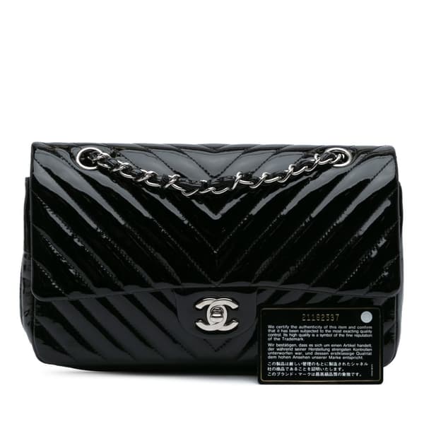 Pre-owned Chanel Medium Classic Chevron Patent Double Flap Black