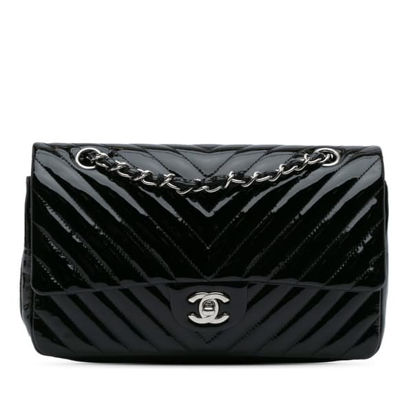 Pre-owned Chanel Medium Classic Chevron Patent Double Flap Black