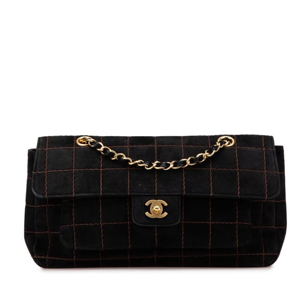 Pre-owned Chanel Choco Bar Suede Stitched Chain Flap Black