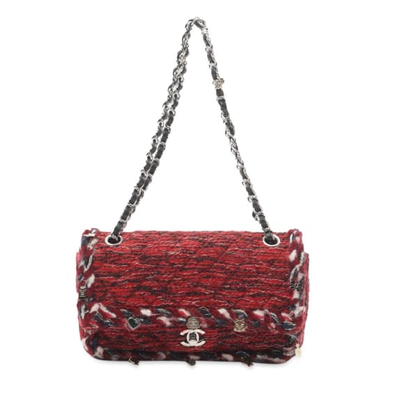Pre-owned Chanel Medium Tweed Braided Charms Double Flap Red