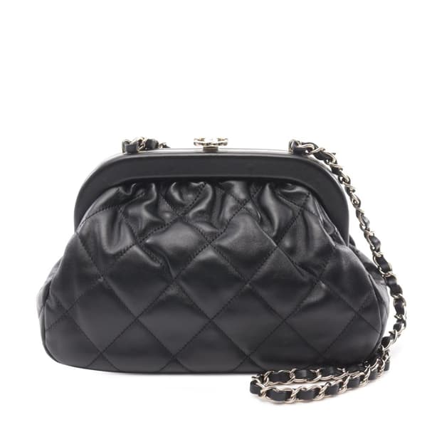 Pre-owned Chanel CC Quilted Lambskin Kiss Lock Clutch with Chain Black