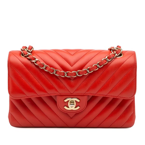 Pre-owned Chanel Small Classic Chevron Lambskin Double Flap Orange