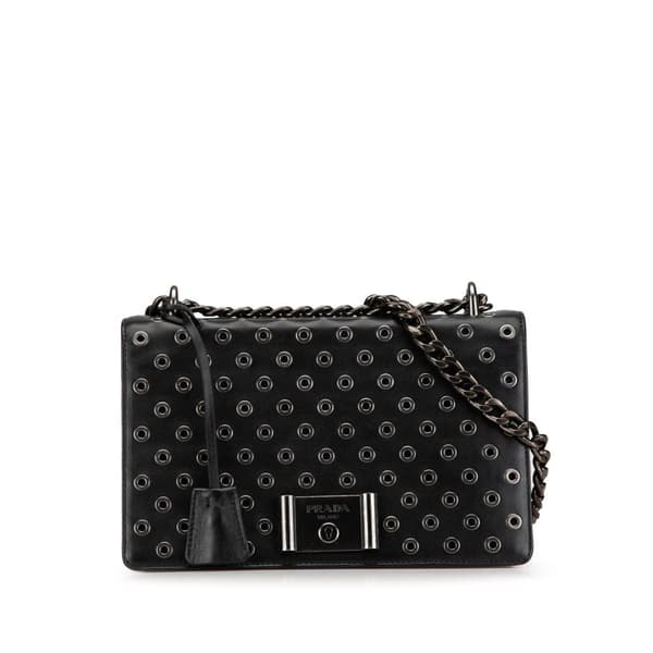 Pre-owned Prada Soft Calf Grommet Lock Flap Chain Shoulder Bag Black