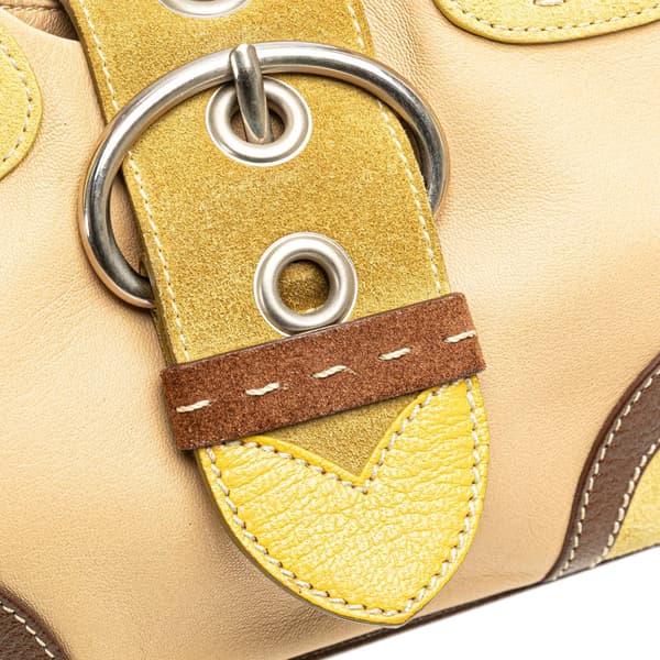 Pre-owned Prada Suede Trimmed Leather Color Block Moon Shoulder Bag Brown