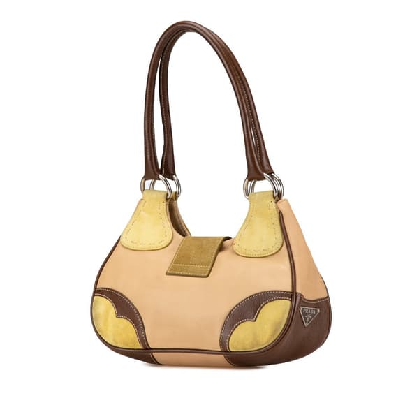 Pre-owned Prada Suede Trimmed Leather Color Block Moon Shoulder Bag Brown