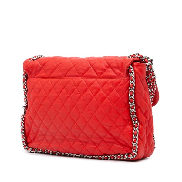 Pre-owned Chanel Maxi Washed Lambskin Chain Around Flap Red