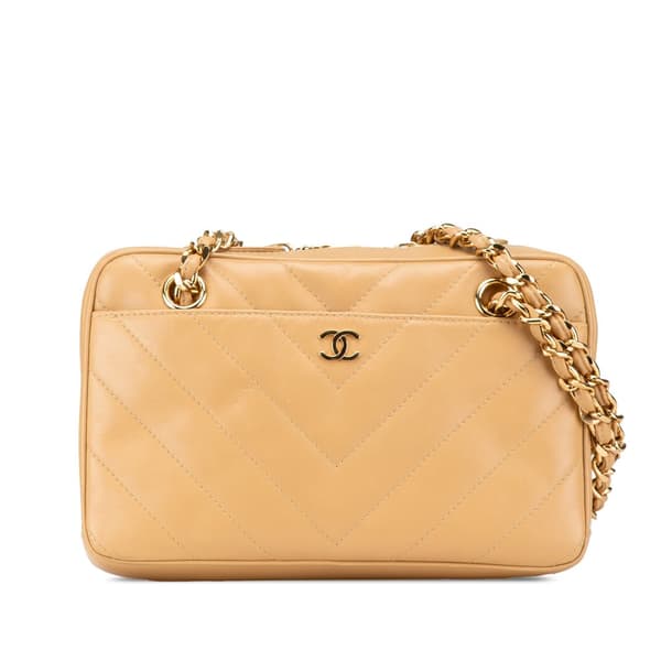 Pre-owned Chanel CC Chevron Quilted Lambskin Chain Shoulder Bag Brown