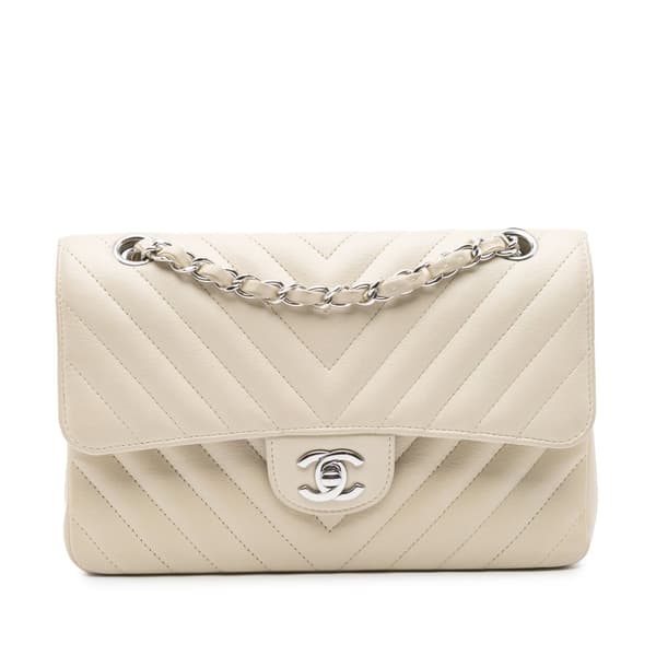 Pre-owned Chanel Small Classic Chevron Lambskin Double Flap White