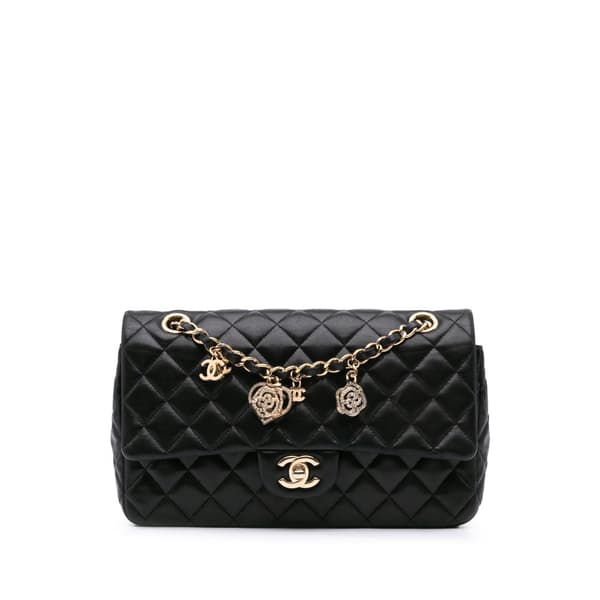 Pre-owned Chanel Medium Classic Lambskin Valentines Heart Charms Single Flap Black