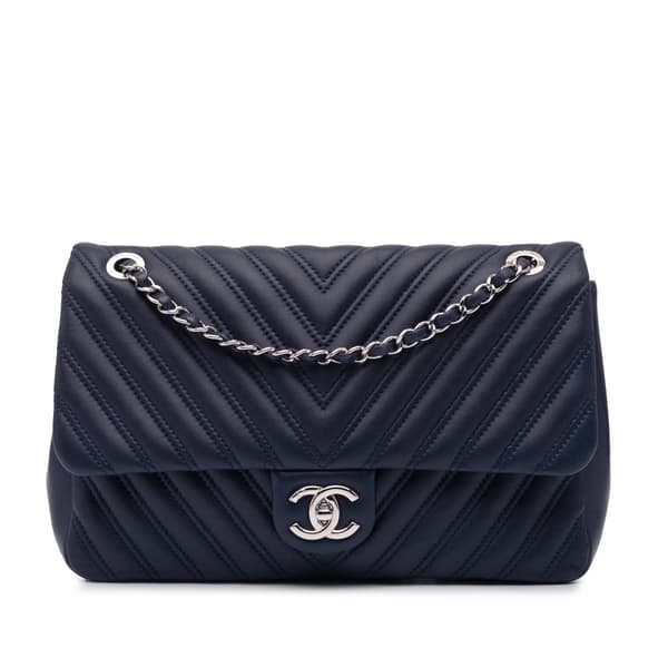 Pre-owned Chanel Jumbo Double Stitch Chevron Lambskin Single Flap Blue