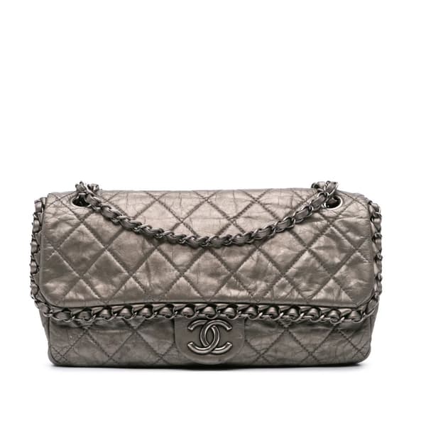 Pre-owned Chanel Medium Aged Calfskin Chain Me Flap Silver