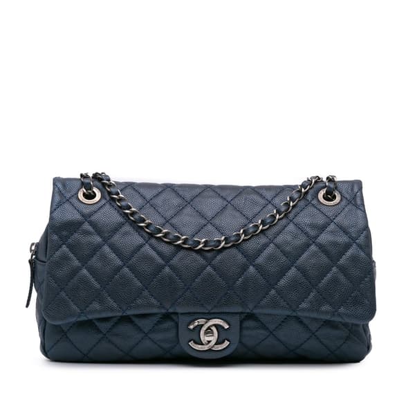 Pre-owned Chanel Jumbo Quilted Caviar Easy Flap Blue