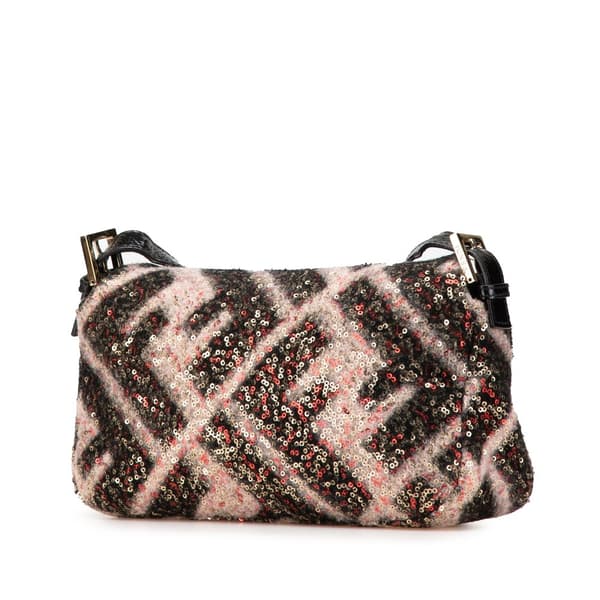 Pre-owned Fendi Zucca Wool Sequined Double Flap Shoulder Bag Pink