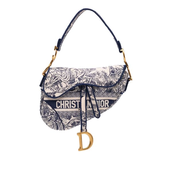 Pre-owned Dior Canvas Embroidered Toile de Jouy Saddle Bag Blue