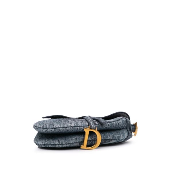 Pre-owned Dior Oblique Embroidered Denim Saddle Bag Blue
