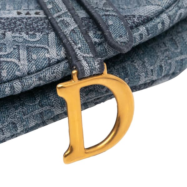 Pre-owned Dior Oblique Embroidered Denim Saddle Bag Blue